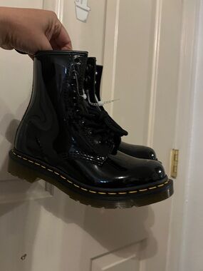 Doc Martens Patent Lace-Up Combat Boots with Yellow Stitching size 5 EU 36